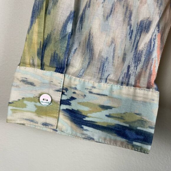 Chico's Watercolor Ikat Blue Green‎ Cotton Button Down Shirt Lightweight Size L - Picture 7 of 14